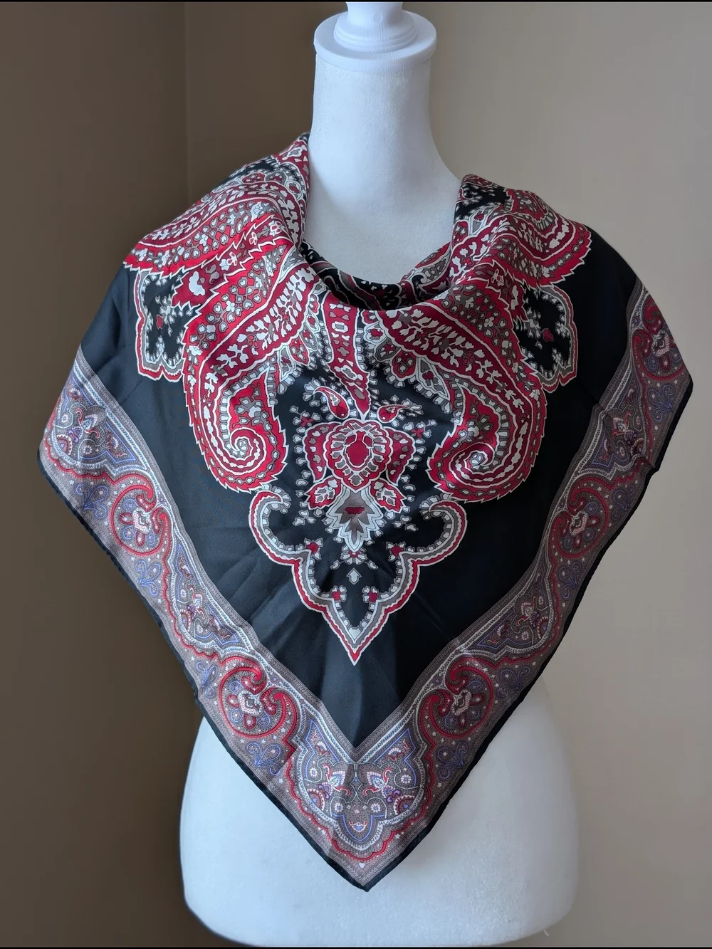 Van Horn Silk Scarf 31x30 Black Red Beige Floral